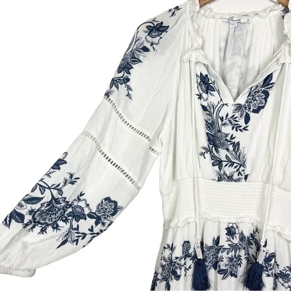 Chico’s Blue White Bohemian Balloon Sleeve Maxi Dress Pockets size 10 - Picture 4 of 10